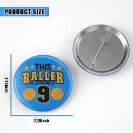 9th Birthday Pin - This Baller Is Officially 9 Button Badge,Blue and Orange Basketball Birthday Party Accessory for Boys, 2.25 Inch
