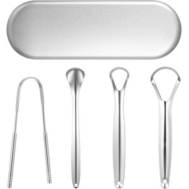 Mydear Set de 4 Cepillo de Lengua de Acero Inoxidable con Estuche de Transporte, Limpiador de Lengua, Raspador de Lengua Acero Inoxidable, Estuche de Transporte, Tongue Scraper, Kit Limpieza Bucal
