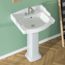 Miuara Pedestal Sink 23 Inch - 3 Hole Classic Vintage Porcelain Pedestal Sink Combo for Bathroom, 23"Dx19"Wx34"H, White, with Backsplash, 1 Overflow Hole & 3 Faucet Hole @ 4 Inch
