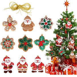 9pcs Gingerbread Santa Claus Ornaments for Christmas Tree White Snowflake Christmas Holly Flowers Poinsettia Christmas Decorations Hanging Ornaments for Holiday Christmas Tree Home Decor 3 Inch Tall