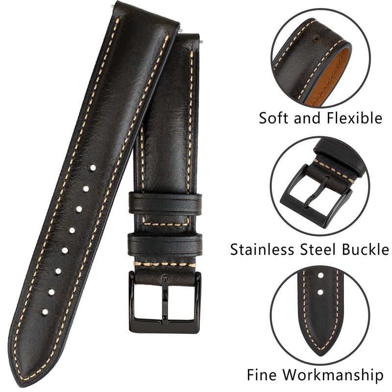 Gomvadr Quick Release Leather Watch Band,Vintage Oil-tanned Pull-up Leather Strap