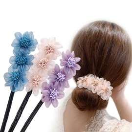 3Pcs Organza Flower Hair Bun Maker Hairstyle Shaper Deft Easy Bun Twister Hair Curler Clips Hair Scrunchies Hair Accessory for Women French Hairstyle DIY Flower Bow(Random Color)