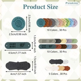 90 Pcs Handmade Leather Labels, Colorful Handmade Tags PU Leather Labels, 3 Shapes Leather Tags Handmade Embossed Tag Sewing Labels with Holes for DIY Crafts Sewing Clothing