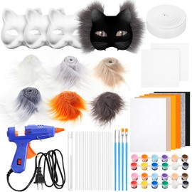 Seenelling 33 Pcs Therian DIY Mask Kit for Beginners Including Blank Cat Mask Faux Fur Fabric Felt Fabric Plastic Mesh Sheet(Warm Colors)
