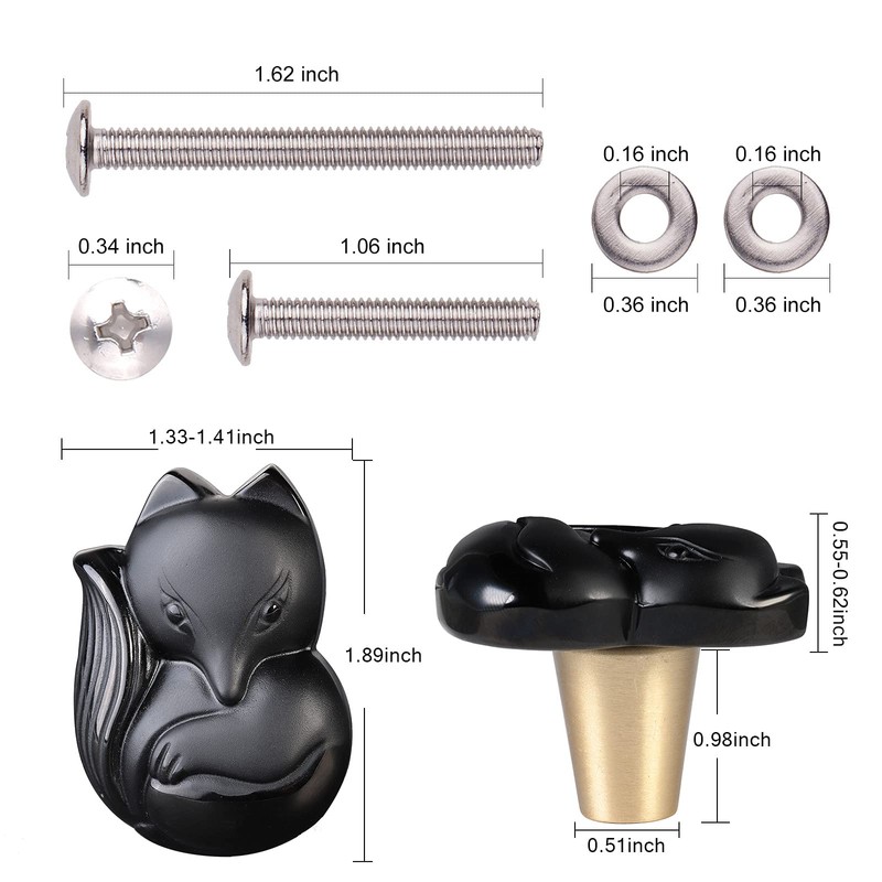 Rockcloud 2Pcs Black Obsidian Fox Cabinet Knob Door Cupboard Pull