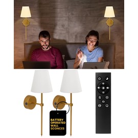 Battery Operated Wall Sconces - Gold Wall Sconces Battery Operated - Rechargeable Sconce w/ Remote Control - No Wiring Needed - Dimmable Lights- Perfect for Bedrooms Bathrooms Living Rooms - Set of 2