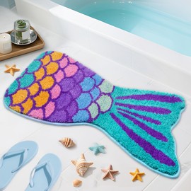 NIGOWAYS Bathroom Rugs - Mermaid Shaped Bath Rugs,Soft Absorbent Rubber Backing Rug,Machine Washable Bath Mats for Bathroom Floor Tub and Shower,Purple Green(34 * 16inch)