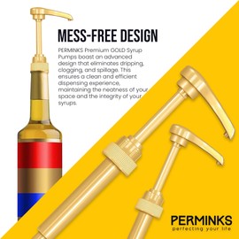 PERMINKS Premium Syrup Pump Compatible with Torani 750 ml Bottle, Davinci Syrups - No Spill, No Clog Syrup Pump Dispenser for Vanilla, Snow Cone, Blueberry, Coffee Flavoring & More (Pack of 12, Gold)