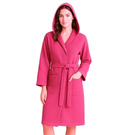 o-day Honeycomb Bathrobe for Men and Women Cotton Bathrobe with Hood, Pockets and Belt, Lightweight and Travel S-XXXL, Model 6 - Fuchsia, M