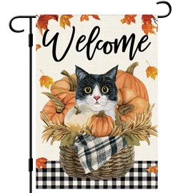 DLZDN Welcome Fall Cat Garden Flag Pumpkins Maple Leaves Flag 12×18 Inch Double Side Vertical Burlap Farmhouse Yard Sign Autumn Seasonal Outdoor House Decoration