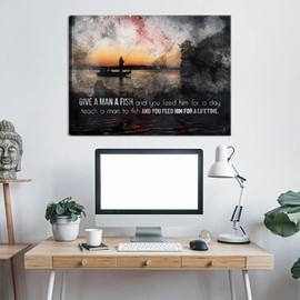 Inspirational Quotes Canvas Wall Art Give a Man Fish And You Food Him for a Day Teach a Man to Fish And You Feed Him for a Lifetime Motivational Pictures Wall Decor Fishing Poster Print Decoration