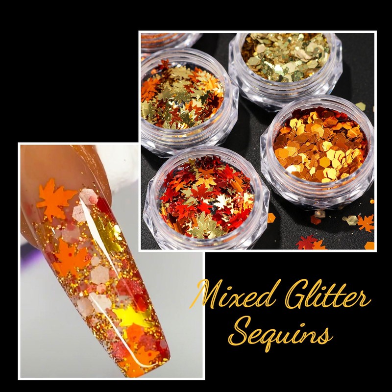 Autumn Nail Flake & Powder Set, 6Boxes Fall Themed Sequin
