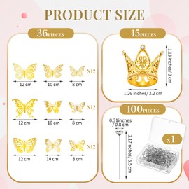 Sasylvia 290 Accesorios para Ramo de Flores, 30 Coronas de Adorno de Tarta 60 Decoraciones de Mariposas 3D 200 Pines de Ramo de Ramillete, Mini Tiara de Cristal de Perla para Cumpleaños (Dorado)