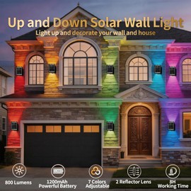 Solar Powered Wall Lights IP65 Waterproof Up and Down Wall Lamp 1200mAh Outdoor Solar LED Fence Light with 7 Colors Adjustable for House Wall Patio Porch Backyard Garden Garage(1pcs,9.8x11.4x6.4cm)