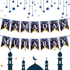 Ramadan Mubarak Decorations, Ramadan Mubarak Banner for Home Hanging, Gold and Blue Eid Decoration Bunting Banners for Ramadan Kareem Party Decoration Supplies