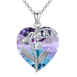 KZX Lily of the Valley Necklace Sterling Silver Crystal Lily of the Valley Pendant May Birth Flower Jewelry Gift for Women, Sterling Silver, Crystal