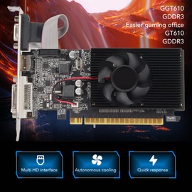 Zopsc Tarjeta Gráfica GT610 de 1 GB y 64 bits DDR3, Tarjeta Gráfica para Juegos PCIE 2.0 con HDMI X1, DVI X1, VGA X1, Ventilador de Refrigeración