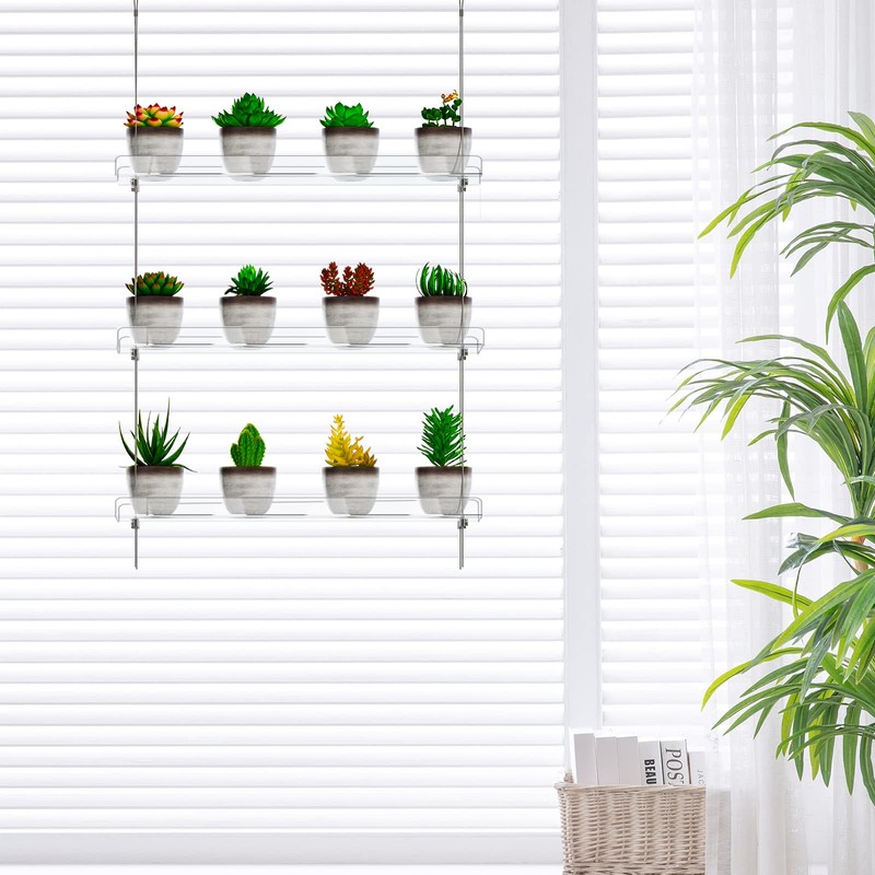 3-Tier Clear Hanging Window Plant Shelves 16In, Height Adjustable Acrylic