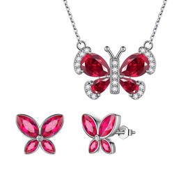 Aurora Tears Red Butterfly Jewellery Sets Women 925 Sterling Silver Animal Butterflies Ruby Birthstone July Necklace/Earring Set Crystal Wedding Birthday Jewelry DS0090R