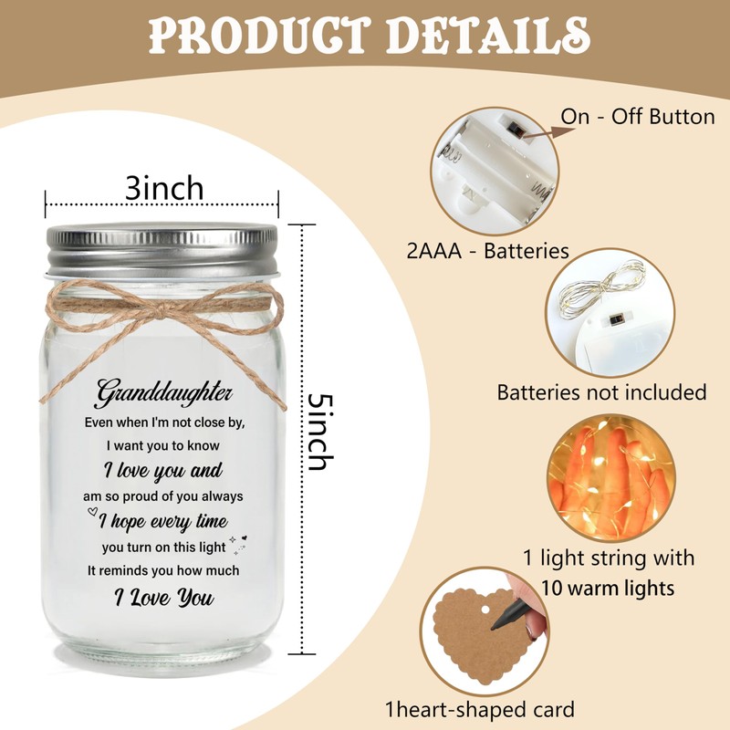 Granddaughter Gifts from Grandma Grandpa, Unique Mason Jar Night Light