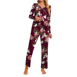 syoss Women's 2 Piece Pajama Sets Long Sleeve Sleepwear Soft Comfy Pj Lounge Sets L, Floral Burgundy