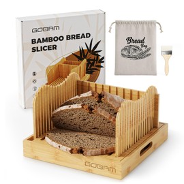 Gobam Adjustable Bamboo Bread Slicer for Large Sourdough & Homemade Bread, 10” Wide, 3 Thickness Settings, Crumb Catcher & Serving Tray, Foldable & Easy to Clean, Ideal Gift for Bakers & Bread Lovers