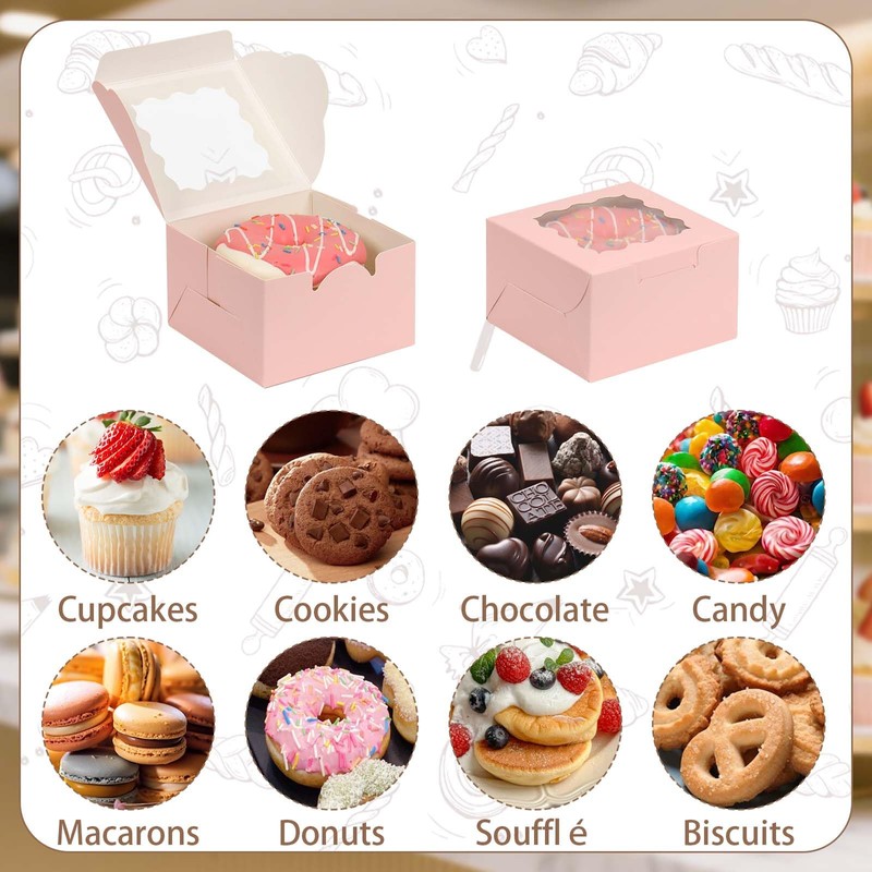 OUGEBOX 50 Pcs 4x4x2.5 Inch Bakery Boxes with Window, Pink