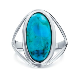 Simple Southwest Boho Style Large Dome Oval Cabochon Gemstone Bezel Set Blue Turquoise Western Statement Ring For Women Split Band .925 Sterling Silver