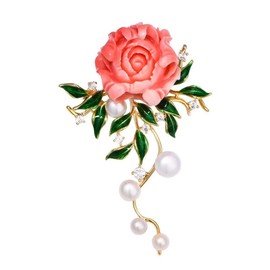 Elegant Pink Peony Brooch for Women Lady Flower Leaf Pearl Pin Flower Enamel Brooch Pin Scarf Buckle Corset Large Scarf Pin Fashion Jewellery for Women Girls