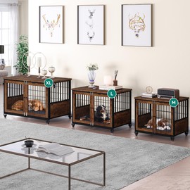 YITAHOME Dog Kennel Furniture with Feeder Bowls, 38.1" Dog Kennel End Table with Wheels and Flip Top, Furniture Style Dog Crate for Medium/Large Dogs, Brown