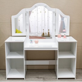 Kids Vanity Table With Princess Makeup Desk & Chair Set - Touch Light Detachable Tri-Folding Mirror, Open Storage Shelves, Wooden Girls Vanity Dressing Table, and Pretend Play Vanity Set for Toddler