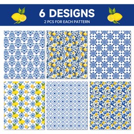 Jajajuegos 12-Sheet Chinoiserie Lemons Wrapping Paper Set | Watercolor Blue Tiles & Yellow Lemon Designs | 19.7x27.6 Inch Folded Flat Art Paper for Gift Wrapping, DIY Crafts, Weddings & Birthdays.