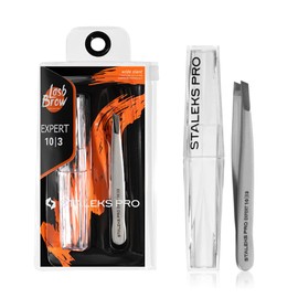 STALEKS PRO Expert Wide Beveled Stainless Steel Eyebrow Tweezer, Matte Finish, Includes Storage Case