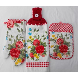 SWEET ROSE - RED GINGHAM - DOUBLE THICK/FULL CROCHET TOP HANGING KITCHEN TOWEL, MATCHING OVEN MITT AND POTHOLDER