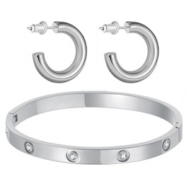 Orglace Chunky Gold Hoop Earrings for Women,14K Gold Plated Friendship Bangle Bracelets Stainless Steel Hypoallergenic Jewelry Sets Gifts for Women 7.5 Inch (Hoop 30mm, Silver)