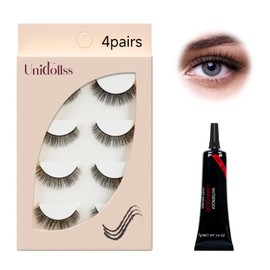 False Eyelashes Wispy Lashes Cat Eye lashes Natural Look Unidollss Fake Eyeashes Waterproof Strip Lashes Kit with Lash Glue, Black Band, Cruelty Free, Reusable, Contact Lens Friendly, 4 Pairs(01)