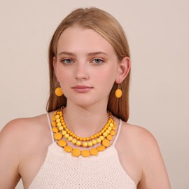 Winssigma 3 Multi-Strand Beads Necklace and Earrings Set, Chunky Jewelry Set Statement Beaded Necklace for Women(Yellow)