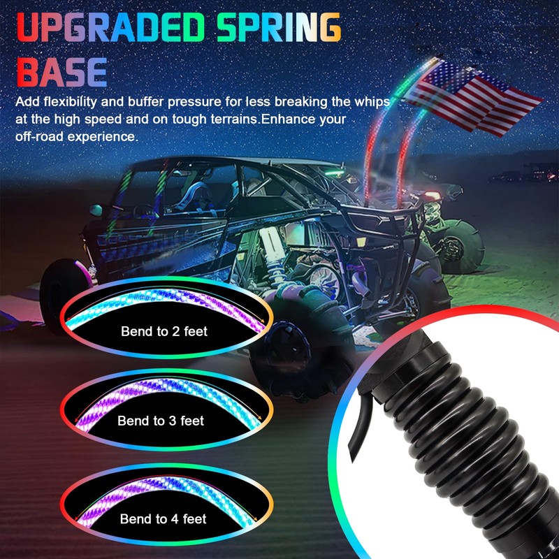 2PCS 3FT Whip Lights with Spring Base, Spiral RGB LED