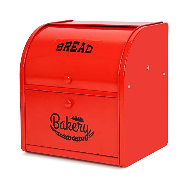 2 Layer Metal Bread Boxes, Bread Box Storage Bin Kitchen Container with Roll Top Lid Iron Countertop Containers Metal Food Storage Bread Keeper Large Capacity Home Kitchen Counter（Red）