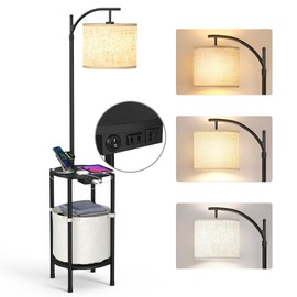 JACKYLED Arc Floor Lamp for Living Room with Rotating Lift, End Table with 3 Color Temperature Reading Light, Side Table Lamp with Storage and USB & Type C & AC Charging Port for Couch, Bedroom