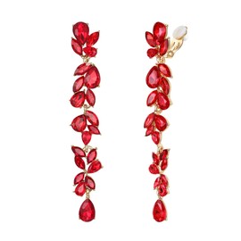 EVER FAITH Rhinestone Crystal Chandelier Clip-on Earrings for Women, Art Deco Marquise Teardrop Bridal Wedding Long Drop Accessories for Prom Red Gold-Tone