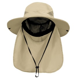 PFFY Sun Bucket Hats for Men Women 3” Wide Brim UPF 50+ Fishing & Beach Hat Khaki (with Neck Flap)