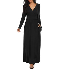 LILBETTER Womens Long Sleeve V-Neck Wrap Waist Maxi Dress(Black Small)