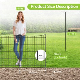 INJOPEXI Decorative Garden Fence 6 Panels 11.8ft(L)×30in(H) Garden Fences Outdoor with 6 Panels Rustproof Metal Wire No Dig Temporary Animal Barrier Fencing for Backyard Patio - Without Fence Gate