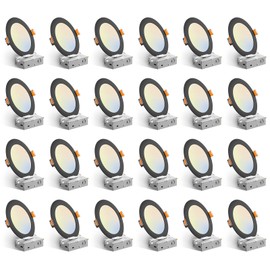Amico 24 Pack 6 Inch Black 5CCT Ultra-Thin LED Recessed Ceiling Light with J-Box, 2700K/3000K/3500K/4000K/5000K Selectable, 12W Eqv 110W, Dimmable Canless Downlight, 1050LM High Brightness, ETL, FCC