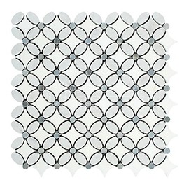 Carrara White Italian (Bianco Carrara) Marble Florida Flower Mosaic Tile with Blue & Gray Marble Dots, Polished