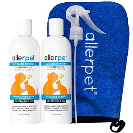 Allerpet Cat Dander Remover w/Free Applicator Mitt & Sprayer - Effective Cat Dander Reduction - Anti Allergen Solution Made in USA - 2 Pack (12oz)