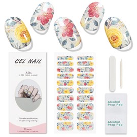 JMEOWIO Gel Nail Stickers Yellow Pink Flower Semi Cured Gel Nail Strips Wraps UV/LED Supplies Design Decoration Accessories
