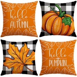 Artscope Fall Decorative Throw Pillow Covers 20x20 Inch Set of 4, Buffalo Plaid Autumn Pumpkin Maple Leaves Harvest Decoration Pillow Cases for Home Sofa Couch Decor-Orange A