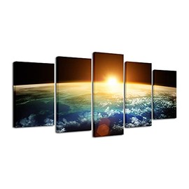 Pyradecor The Earth Canvas Prints Wall Art Outer Space Pictures Paintings Ready to Hang for Living Room Bedroom Home Decorations 5 Panels Modern Stretched and Framed Universe Landscape Giclee Artwork
